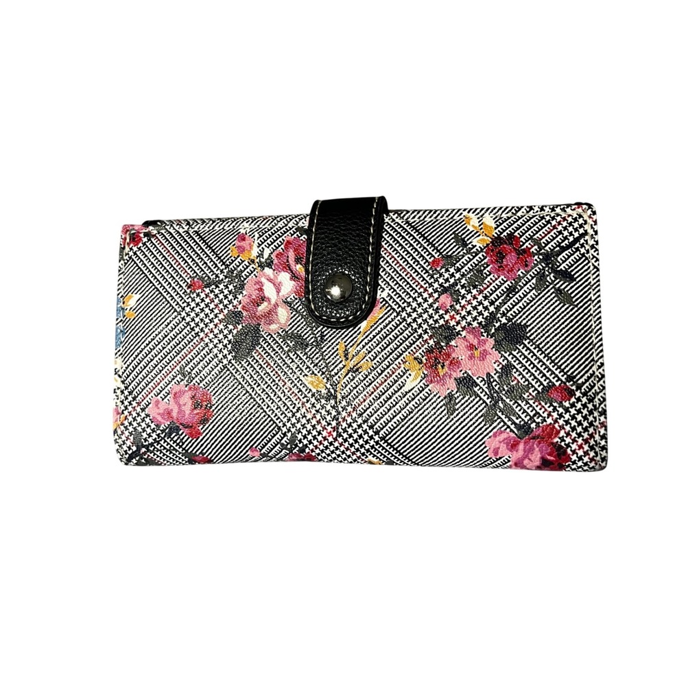 Floral Plaid Houndstooth Check Slim Trifold Wallet Black White Pink
